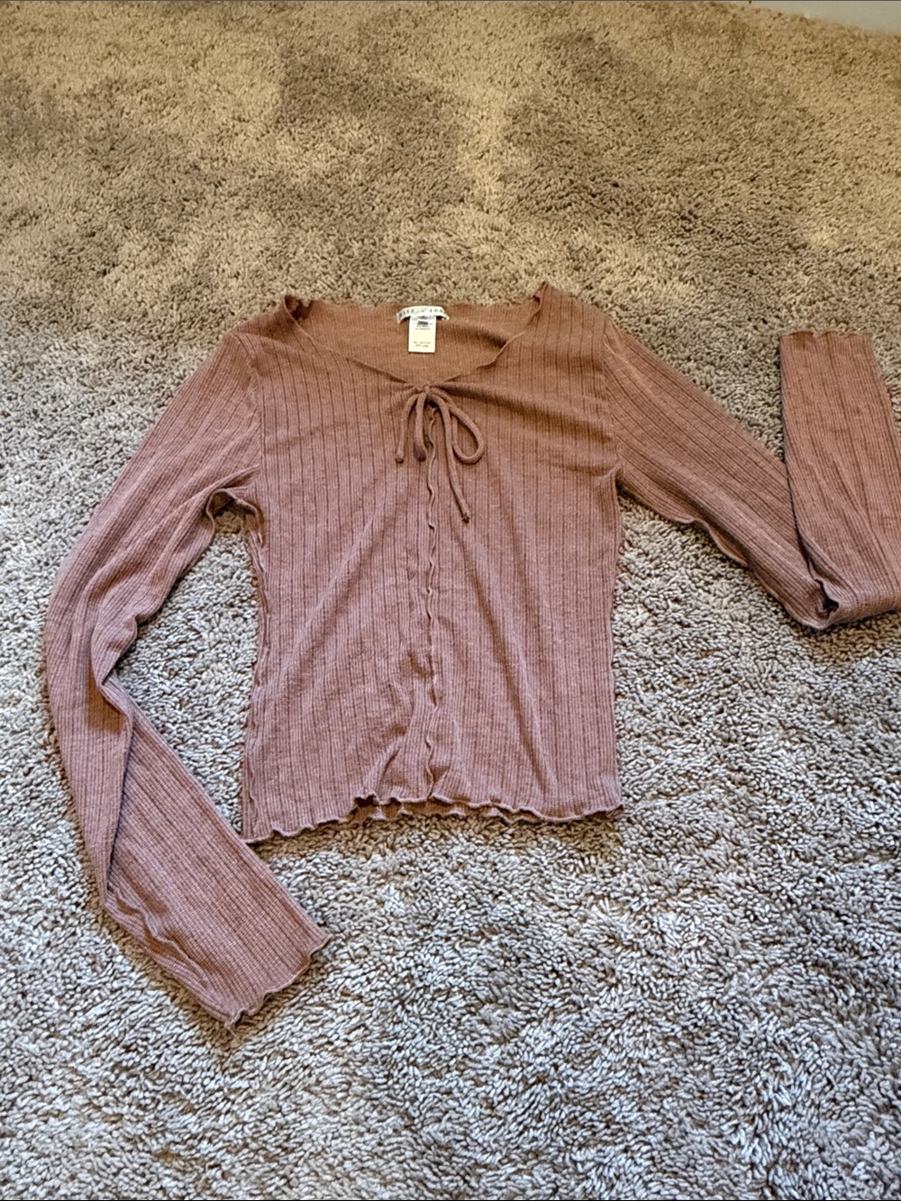 Ribbed Tie-Front Long Sleeve Top - Dusty Rose